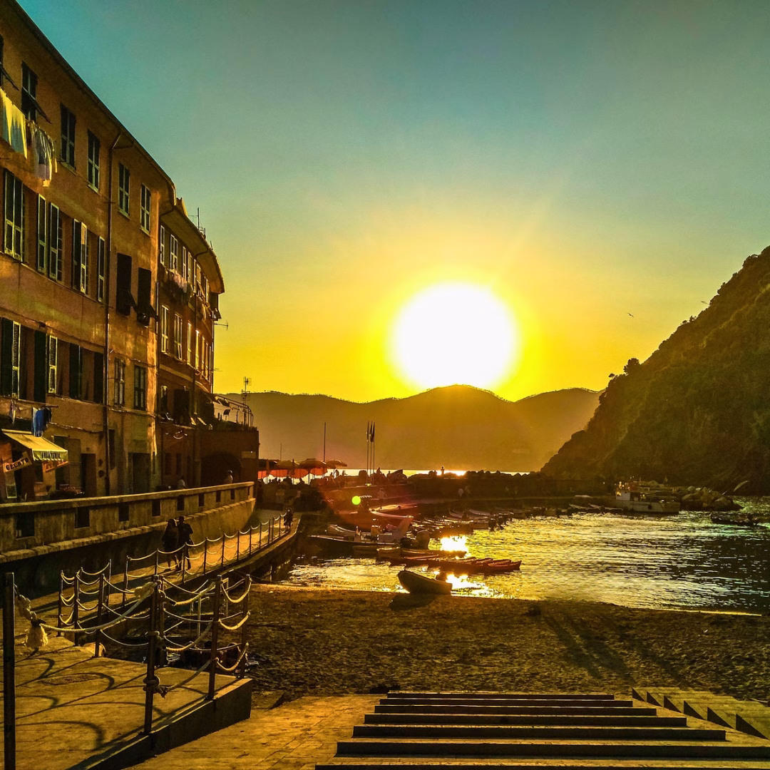 Sunset view over Cinque Terre coastline near La Spezia