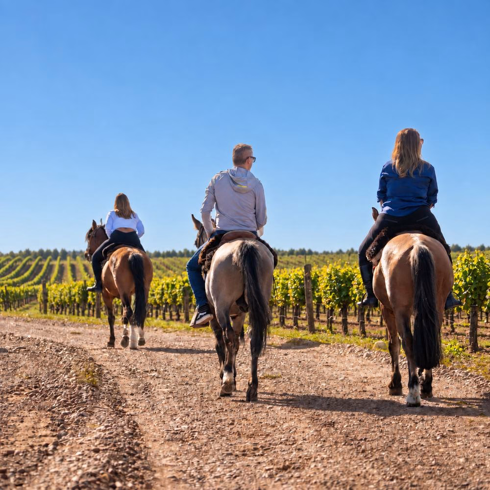 Three riders on horseback along a dirt track between green vineyards, a taste of Cinque Terre activities